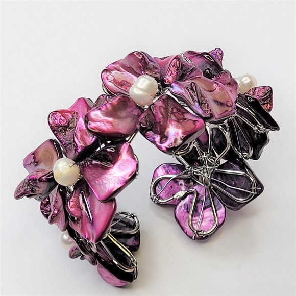 Dark Purple Pearl Adjustable Cuff Bangle Bracelet- NEW - Picture 2 of 13